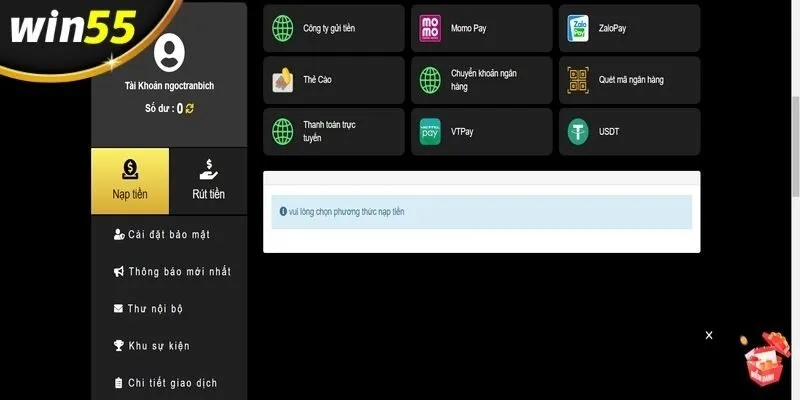 Quy trình nạp tiền Win55 qua zalopay siêu dễ