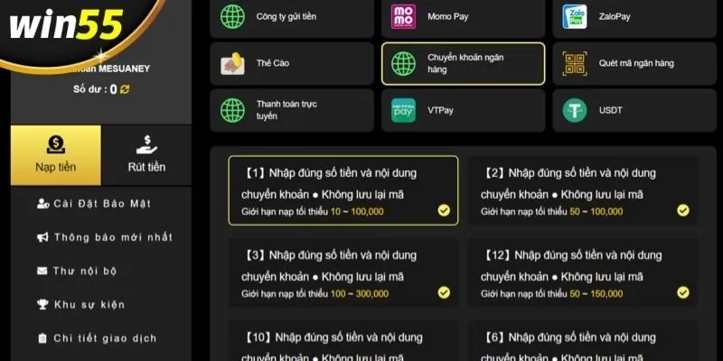Win55 liên kết với nhiều ngân hàng trong nước